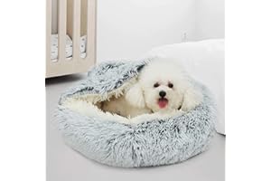 Geizire Dog Bed & Cat Bed, Round Donut Calming Cat Bed, Anti-Anxiety Cave Bed with Hooded Blanket for Warmth and Security - Machine Washable, Water/Dirt Resistant Base (Large, Gray)