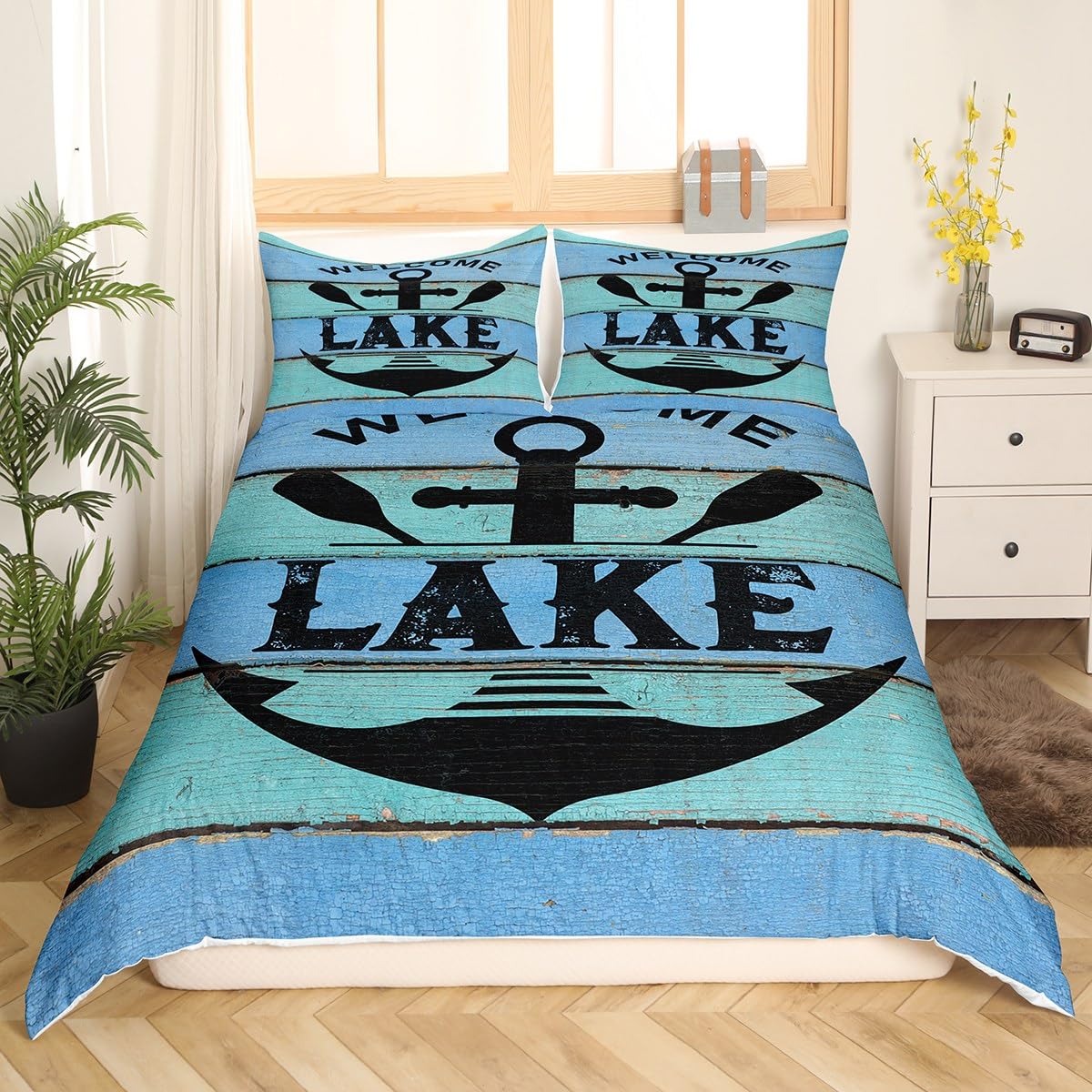 Lake Bedding Set for Kids Boys Girls Lake House Decor Comforter Cover Set Anchor Decor Duvet Cover Decor Nautical Blue Black Bedspread Cover Decor Single