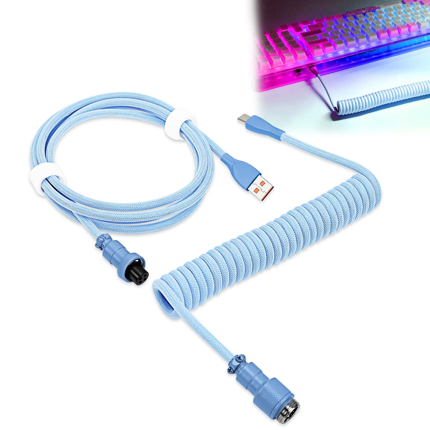 WOWLED Pro Custom Coiled USB C Cable for Gaming Keyboard, Double-Sleeved Mechanical Keyboard With Detachable Metal Aviator, 1.8M USB-C to USB-A (Blue)