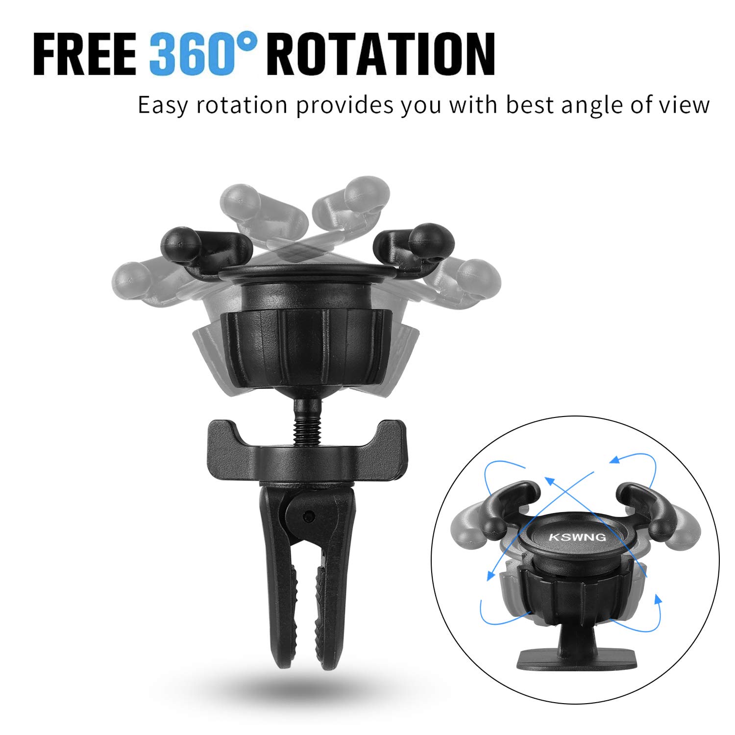 Universal Air Vent Car Mount and Dashboard Sticker Holder 360° Rotation Clip Car Mount Phone Holder with Adjustable Switch Lock for Smartphones GPS Navigation (2 pack, Black)