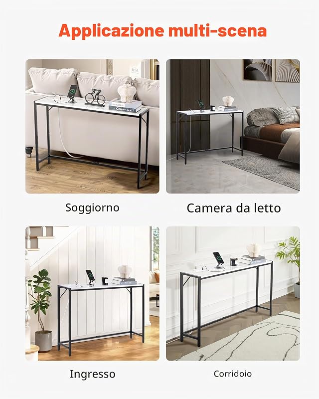 Tavolo Consolle in Marmo 110 x 23,9 x 74,2 cm Tavolino da Corridoio Ingresso Stretto e Lungo con Presa di Corrente, con Tubi in Ferro e Supporto Triangolare per Soggiorno, Corridoio, Ingresso