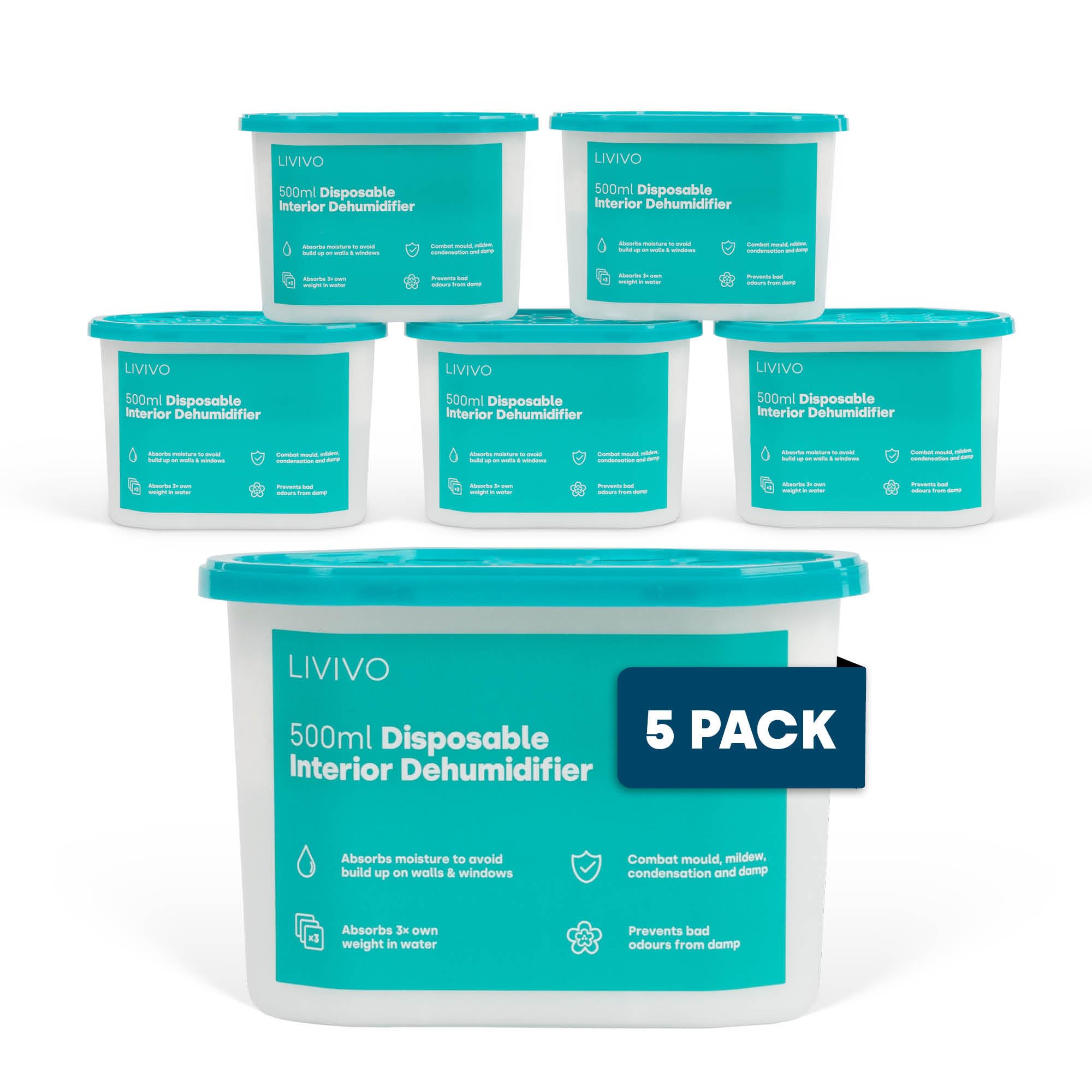 LIVIVO Dehumidifiers Disposable 500ml - 5-Pack Disposable Dehumidifiers for Home - Condensation Absorbers for Windows, Moisture Absorber, Mould Damp Trap, Interior Dehumidifier for Wardrobe, Bathroom