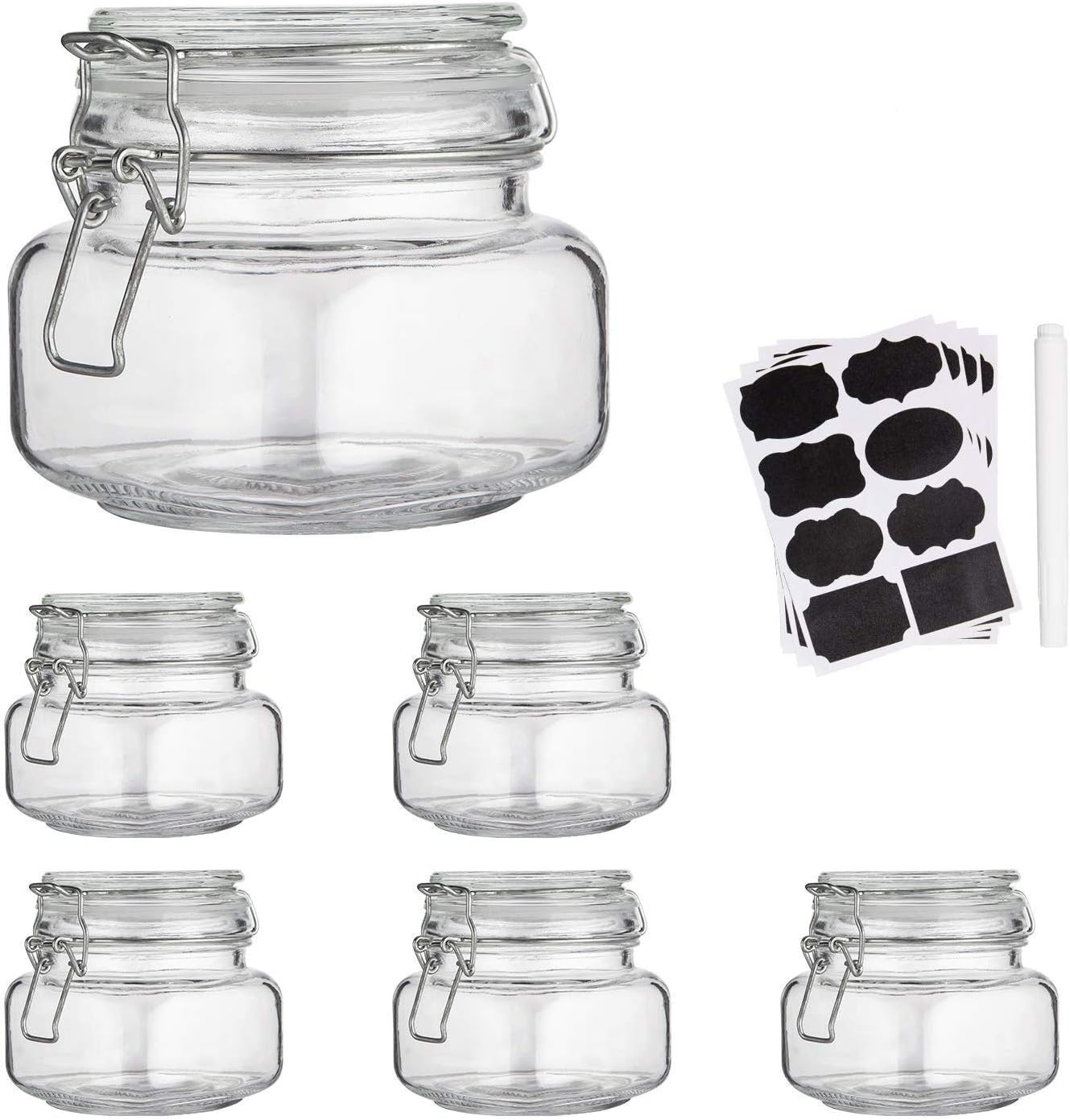 Glass Kitchen Storage Canister Mason Jars with Lids,16oz Airtight Glass Canister with Hinged Lid,Perfect for Kitchen Canning Cereal,Pasta,Sugar,Beans (Labels & Chalk Marker)-Set of 6