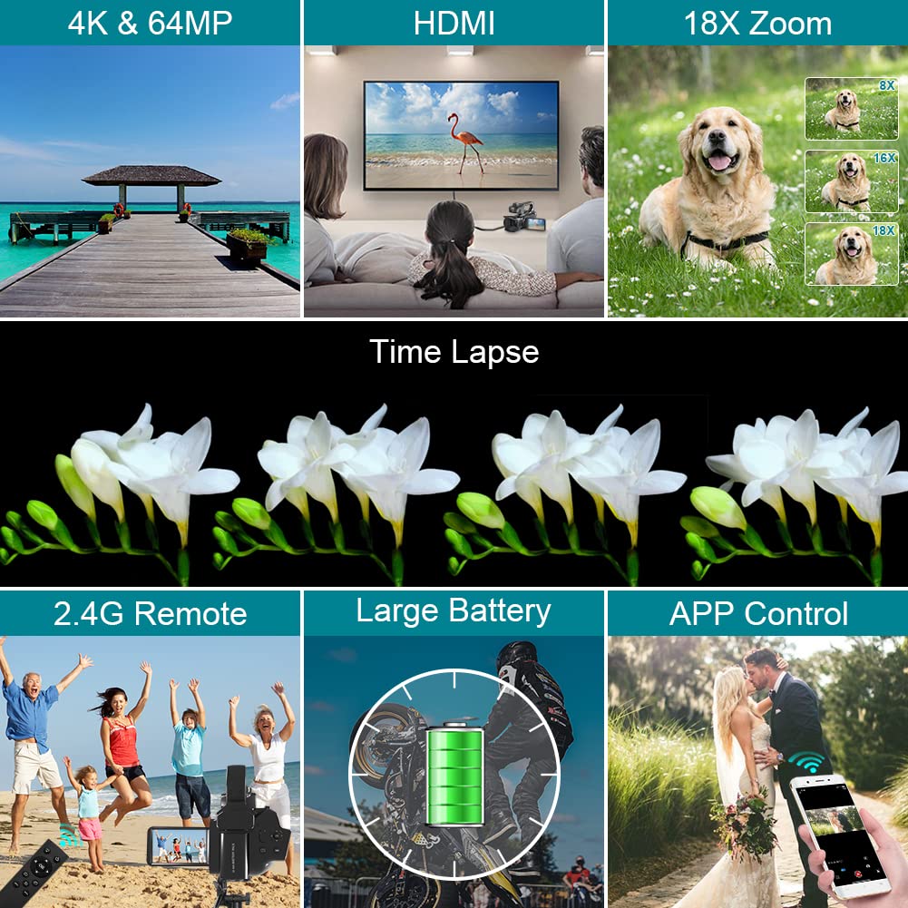 KOMERY Video Camera Camcorder UHD 4K 64MP with Focus Function 4.0 Inch Touchscreen Wireless Lavalier Mic, 18X Digital Zoom Camera, 64G SD Card WiFi