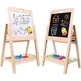 QZMTOY Kids Art Easel, Deluxe Standing Easel Set, Adjustable Art Table | Dry Erase Board &amp; Chalkboard Double Sided Stand, 360 Rotating Drawing Easels with Art Supplies, Adjust Height 28-39in