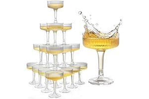 Goodluck Champagne Tower 4-Tier, 7oz Set of 20 Clear Champagne Flutes Plastic,Butterfly Shape with Vertical Stripes for Weddi