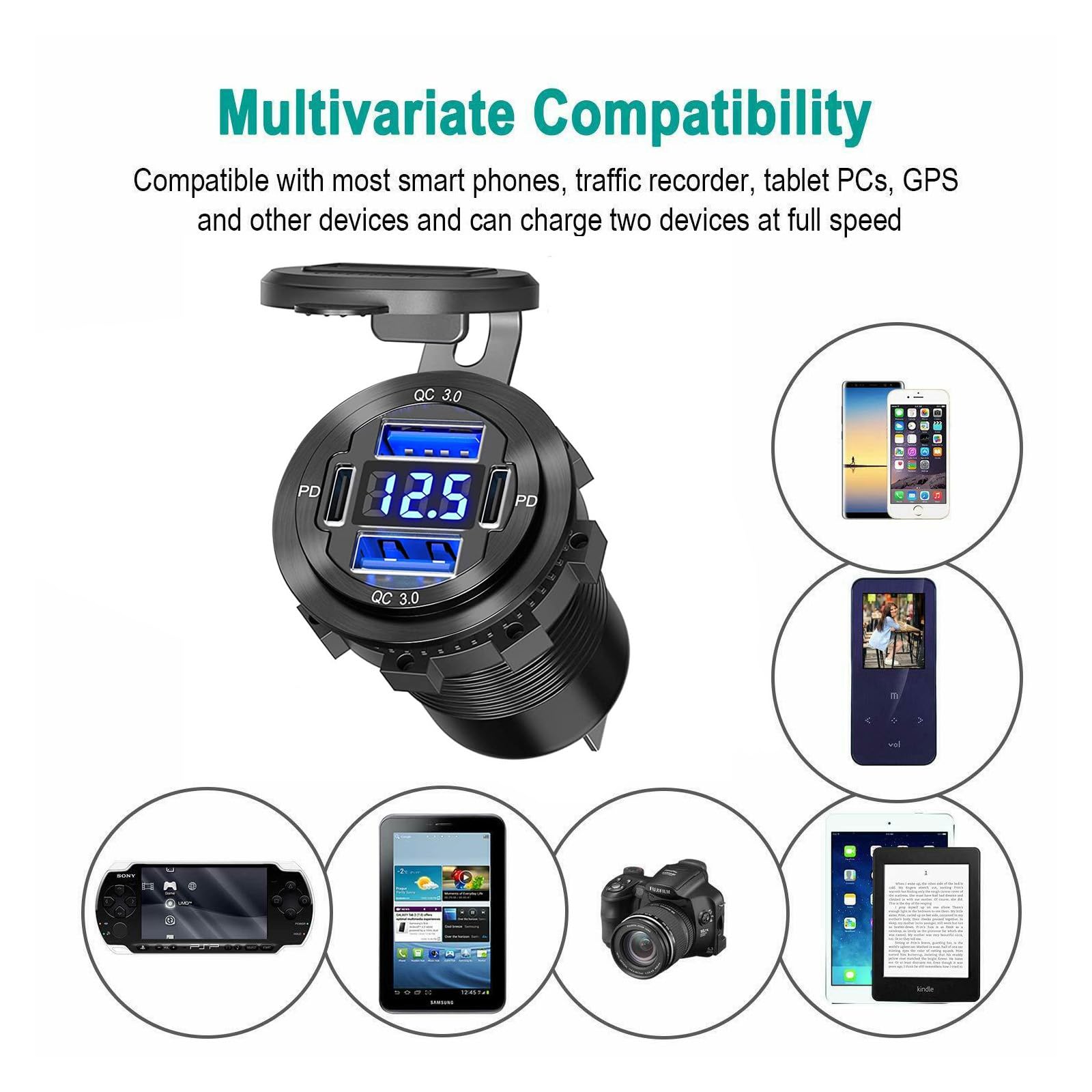 VANONE Dual USB Quick Charge 3.0 Port & Dual PD USB C Ports Car Charger Socket, 12V USB Outlet with Voltmeter and Power Switch for Car Boat Marine Truck