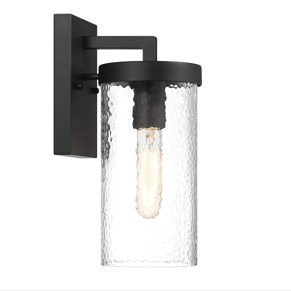 ROBERT STEVENSON LIGHTING ARIA – MODERN MINIMALIST CYLINDRICAL TEXTURED WATER GLASS AND METAL WALL MOUNTED OUTDOOR LIGHT, MATTE BLACK