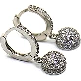 Women’s Silver Hoop Earrings with Pave Crystal Ball Pendant – Sparkling Dangle Huggie Hoops.KT0067
