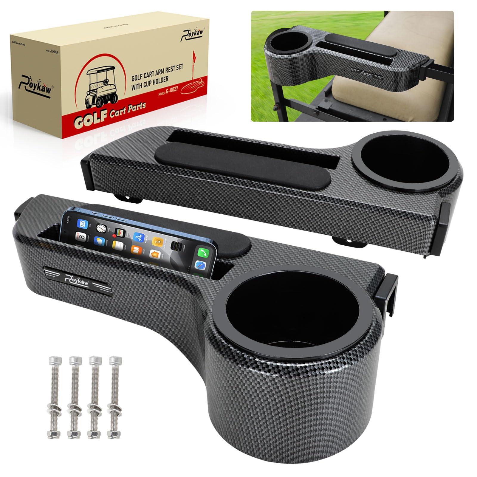 Photo 1 of Roykaw Golf Cart Armrest with Cup Holder Compatible with EZGO/Club Car/Yamaha & Most Brand, Universal Golf Cart Rear Seat Arm Rests with Phone Holder, No Drilling, Fit 1.0"/1-1/4" Square Frame