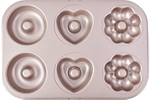 Bakeley Donut Pan 6 Cavity Fancy Donut Mold Heavy Duty Steel Non-Stick Heart Flower Round Shaped Bund Pans Pattern Doughnut B