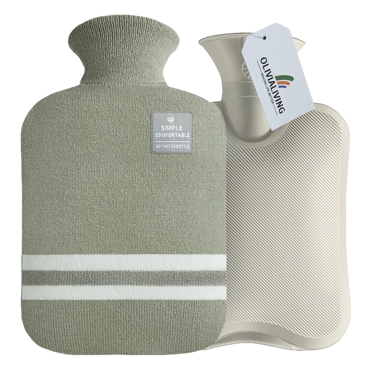 OliviaLiving Hot Water Bag Hot Water Bottle 2 Liter Heat Up and Refreezable Hot Cold Pack with Classic Striped Cover for Pain Relief Hot Cold Therapy