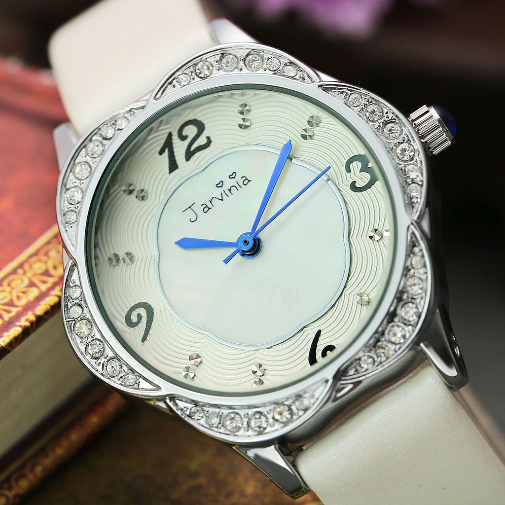 JSDDE Uhren,Elegant Frau Armbanduhr Strass Blume-Form Damenuhr mit Muschel Echtleder Armband Analog Qaurzuhr,Weiss