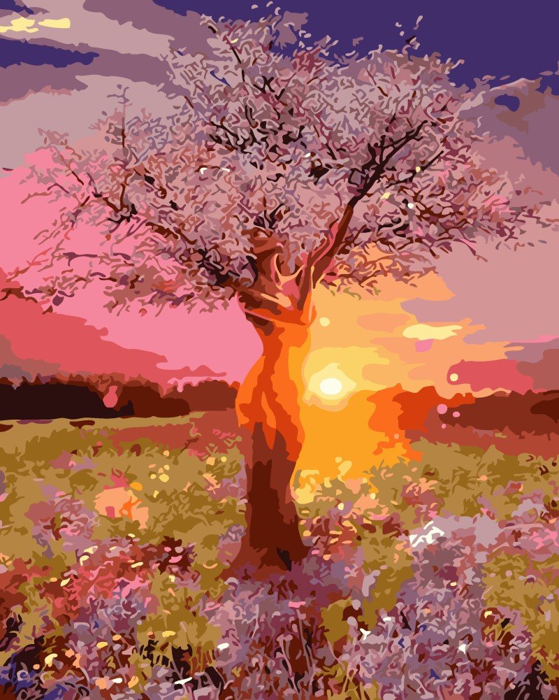 YEESAM ART Paint by Numbers for Adults Beginners Pink Beauty Tree Sunset 16x20 inch Linen Canvas Acrylic DIY Number Painting Kits Wall Art Decor Gifts