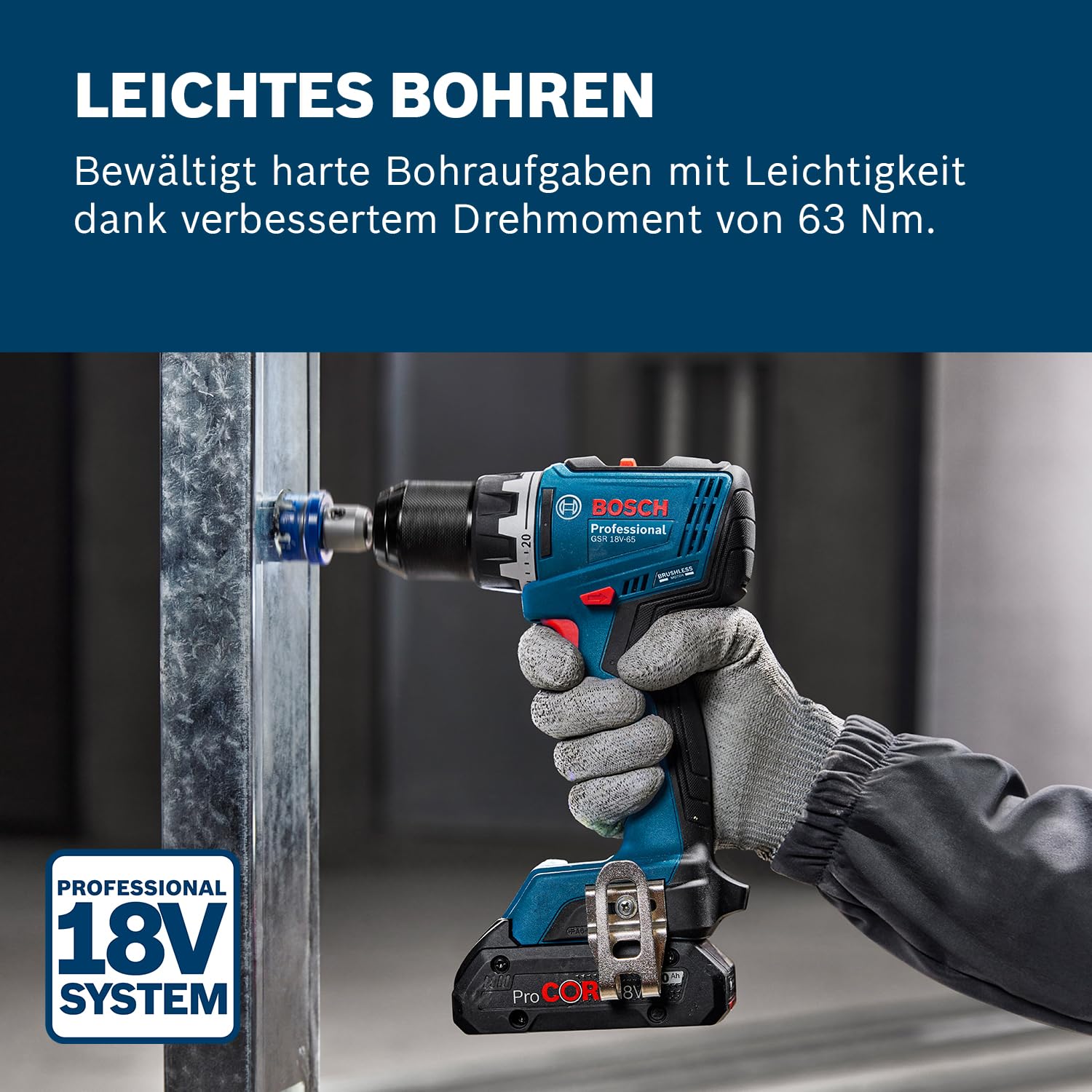 Bosch Professional 18V System Akku-Bohrschrauber GSR 18V-65 (bürstenloser Motor, Kopflänge 166, inkl. L-BOXX) 2