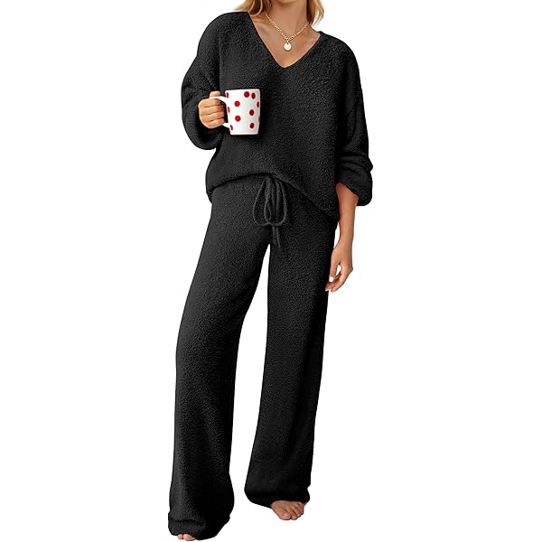 Ekouaer Fuzzy Fleece Pajamas 2 Piece Warm Soft Lounge Set Long