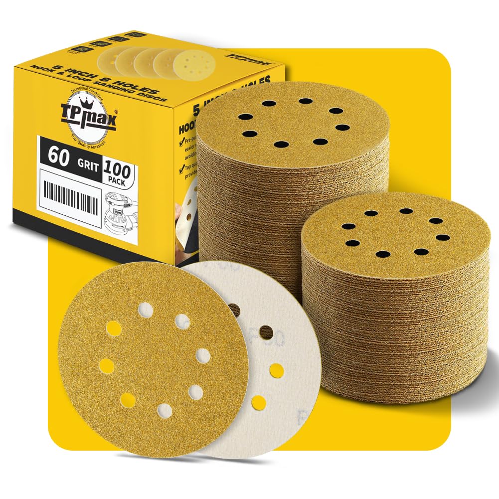 100PCS 125mm 8 Hole Sanding Discs Sandpaper, 60 Grit, Premium Gold Round Hook and Loop for Random Orbital Sander - Ideal for Wood, Metal, Automotive — image 1