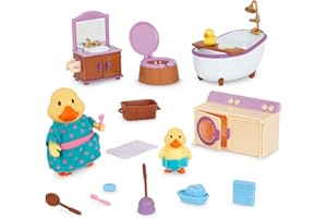 LI'L WOODZEEZ Lil Woodzeez – Dollhouse Furniture Playset – 2 Posable Figures – Bath & Laundry Playhouse Toy – Kids 3 Years +