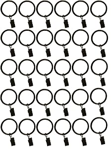 1.5-inch, Set of 30, Black - Metal Curtain Rings with Clips and Eyelets – TEJATAN (Also Known as Rings with Curtain Clips/Curtain Clip Rings/Curtain Rings with Clips/Drapery Clip Rings)