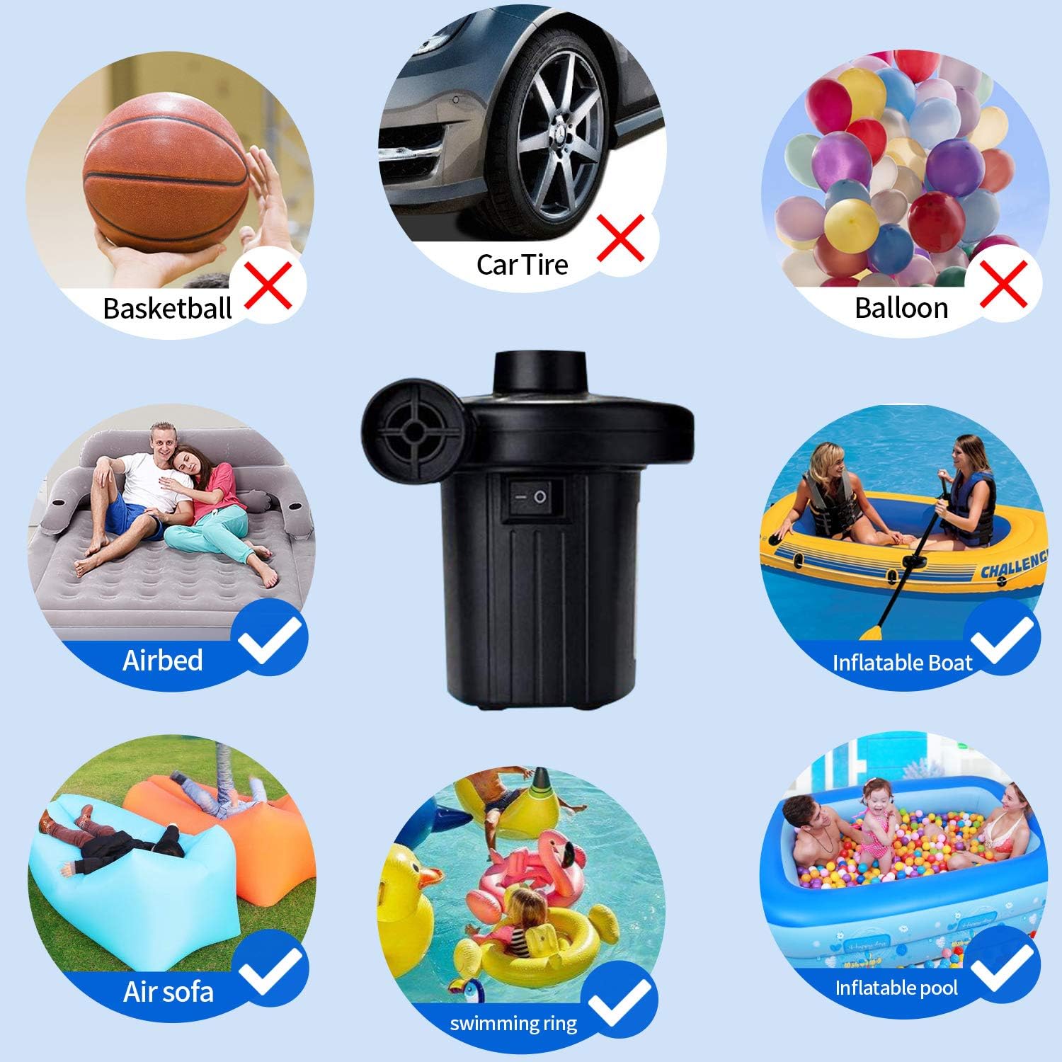 Electric Air Pump, Portable Quick-Fill AC Inflator/Deflator Pumps with 4 Nozzles for Air Mattress Bed Inflatable Pool Boat Raft Toys Swimming Ring, 110V AC/130W: Sports & Outdoors