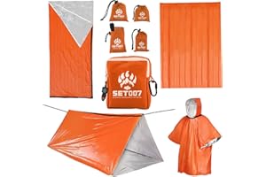 SET007 4PCS Survival Kit, 2 Person Mylar Emergency Shelter Tube Tent with Paracord, Thermal Poncho, Survival Blanket, Emergency Bivy, Military Grade Supplies for Hiking Camping, Orange