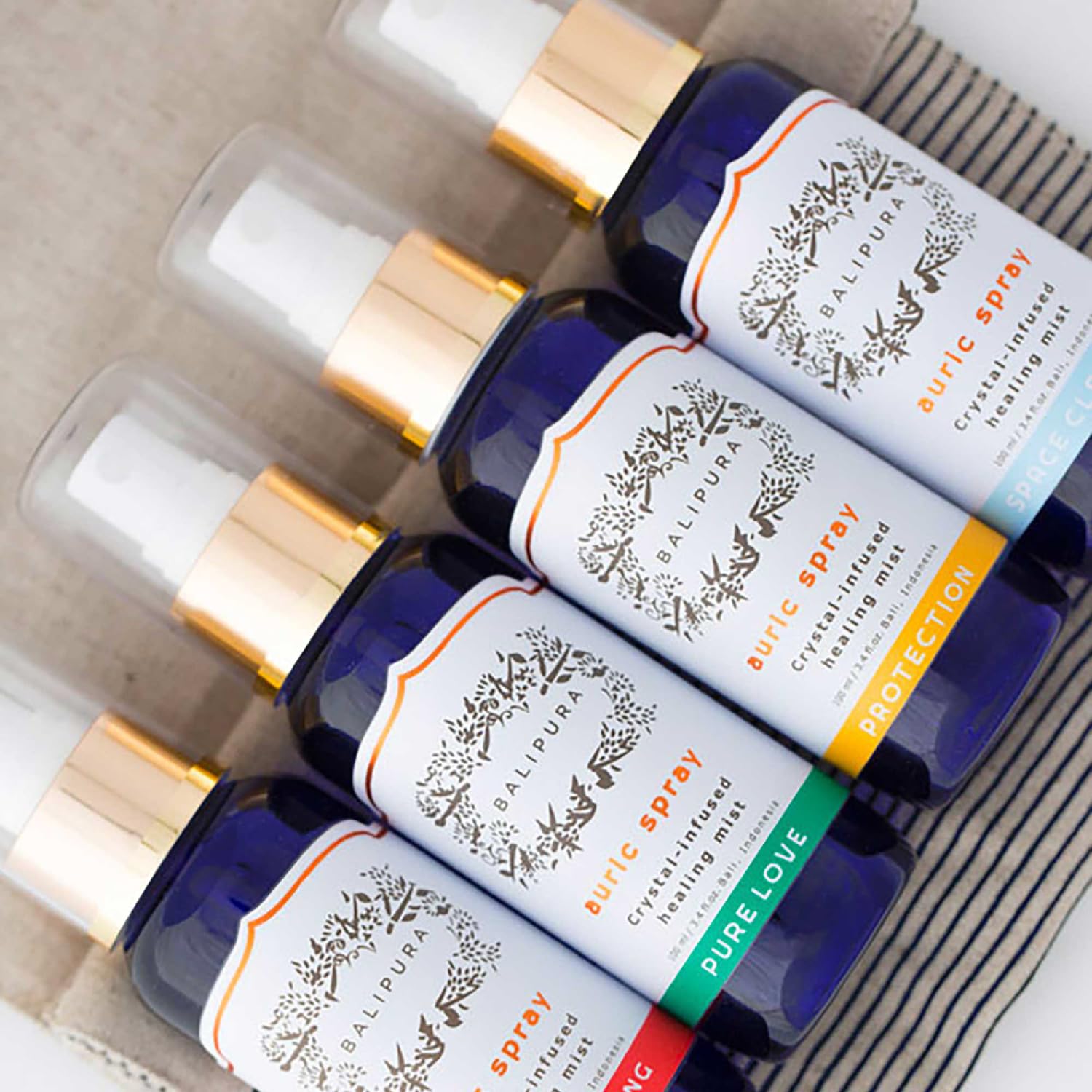 BALIPURA - Aura Spray Mix Sets - 4 pcs in Variety Gift Set for Women and Men - Infused Crystal with Essential Oils, Free Linen Bag, Handmade in Bali 3.4fl oz Each