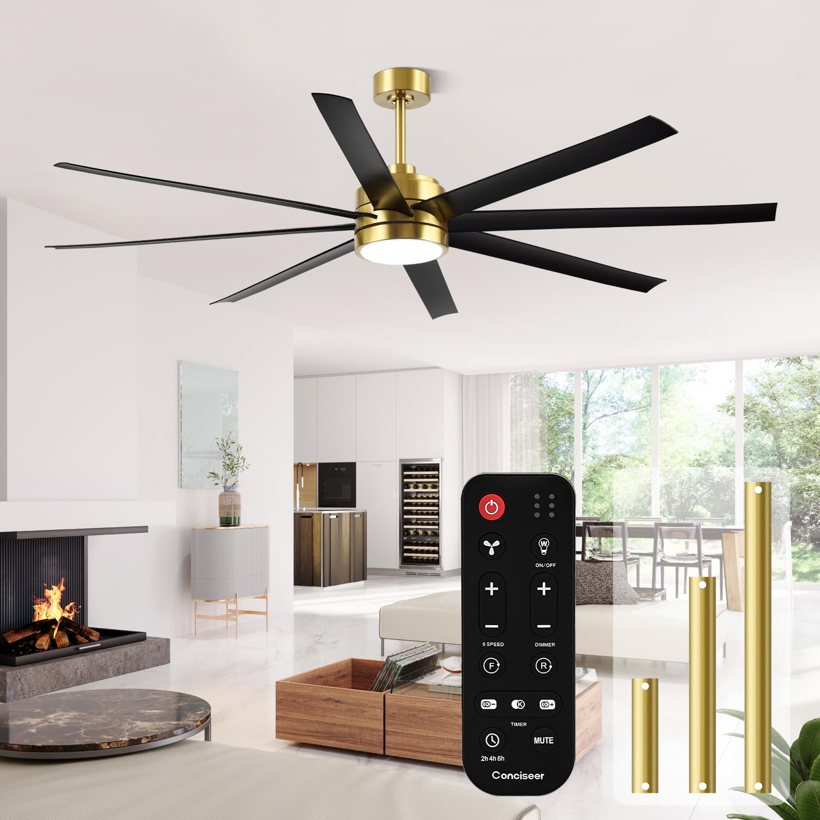 Conciseer 72 Inch Ceiling Fans with Lights and Remote for Living Room Kitchen Library Cafe Outdoor/Industrial Use, 3CCT Dimmable, Dual Color 8 Blades 6 Speed Reversible Quiet DC Motor, Gold/Black Image