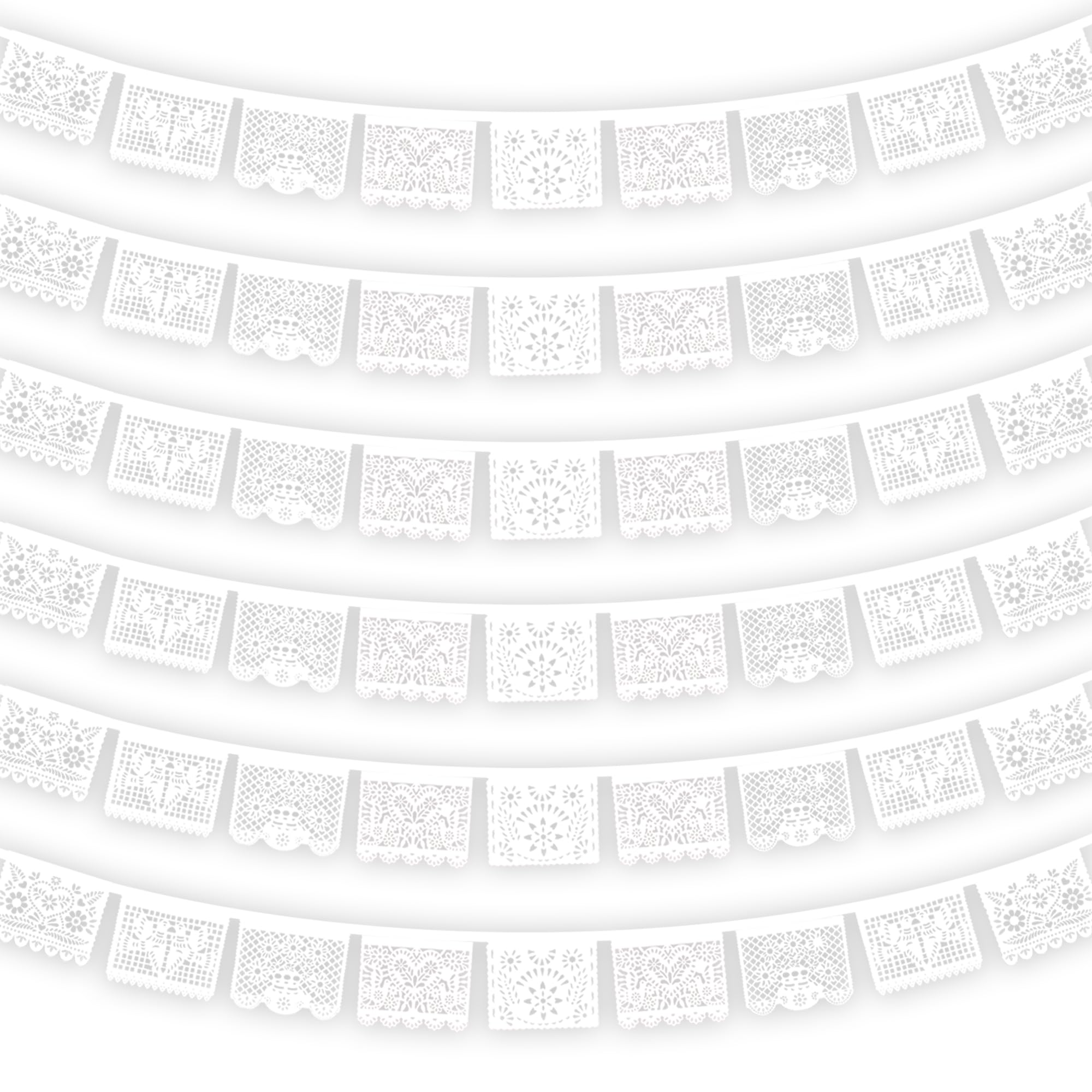 White Papel Picado Banner - 6 Packs 108Ft Plastic Mexican Wedding Decor, Fiesta Party Decorations for Cinco de Mayo, Baby Shower, Dia de Los Muertos, Cielito Lindo Theme, All White Party Decor