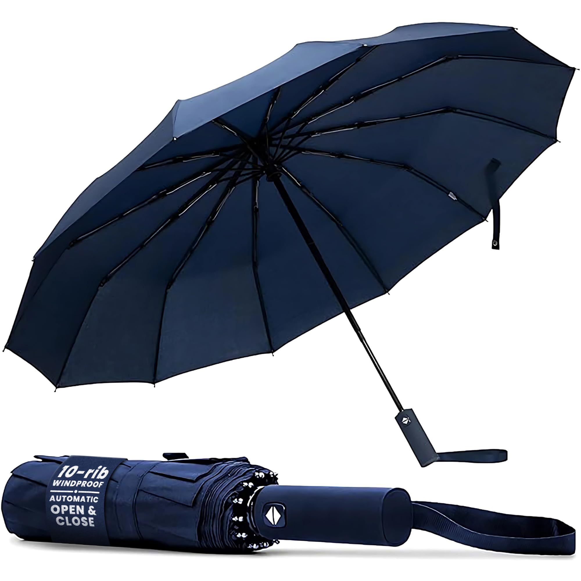 TANNESS Windproof Umbrella – 10-Rib Waterproof & Compact with Automatic Open/Close Function and Ergonomic Handle – Folding Mini - Strong for Wind and Rain (Blue)