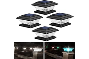 HUYIENO Solar Post Cap Lights - Outdoor LED Deck Fence Cap Light, 9 Light Modes, Bright White/7 Color Fixed & Cycling Modes, Suitable for 4x4 & 5x5 Wooden Posts, Black, 4pk