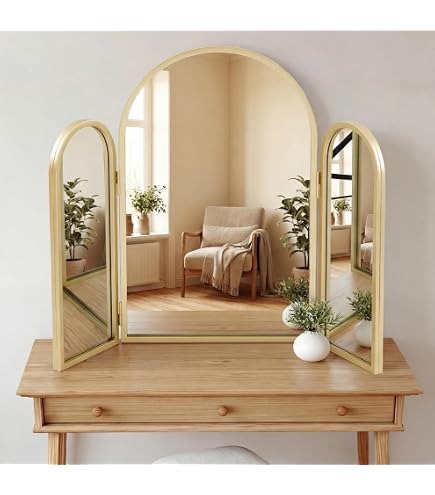 Amazon.com - Vintage Gold Tri-Fold Vanity Mirror,Arched Frame, Decorative  Tabletop Makeup Mirror for Bedroom Dressing Table, Antique Style with  Intricate Floral Carvings, 3-Panel Folding Design for Clear Reflecti