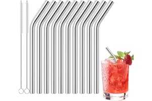 10 Pcs Short Metal Straws, 6 in x 8 mm Metal Straws Reusable Stainless Steel Straws Bent with 2 Cleaning Brushes, Reusable Sh