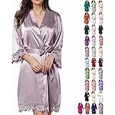 WJing Yi Jia Womens Silk Robe Satin Robe Silky Kimono Lace Bathrobe Wedding Dressing Gown For Bridal Bride Bridesmaid Robes