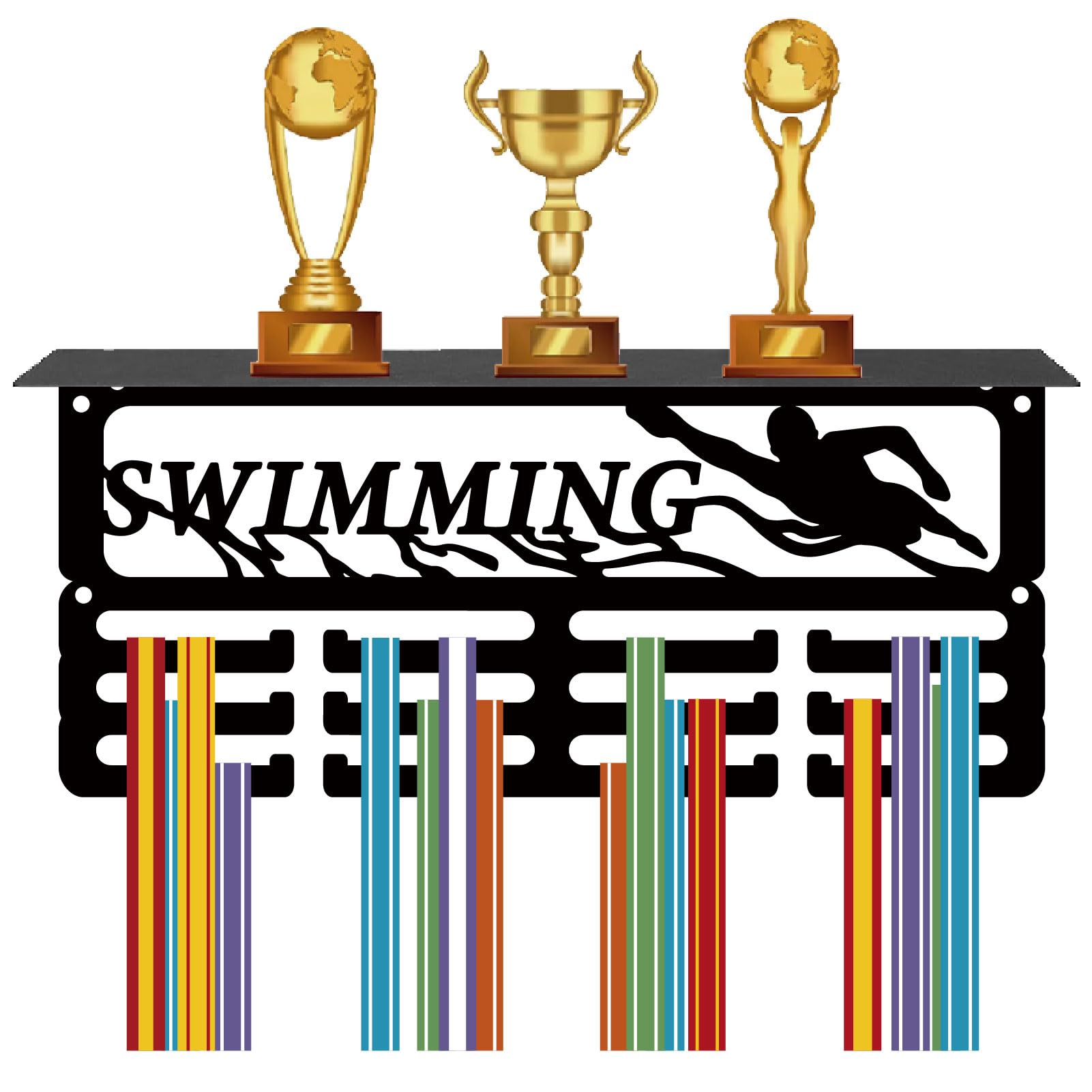 CREATCABIN Swimming Medal Holder Trophy Shelf Medal Hangers Display with Shelf Stand Small Sports 4 Rows Wall Mount Hold 70+ Medals for Men Swimming Running Swimming Awards Rack 11.4 x 5.1 Inch(Black)