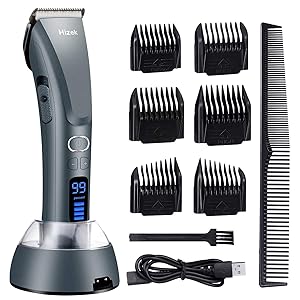 Beard and Hair Trimmer, Hizek Hair Clippers Professional Haircut Kit,Cordless Men's Trimmer with 3 Adjustable Speeds,Charging Stand, Titanium and Ceramic Blades,and 6 Guide Combs for Family Use