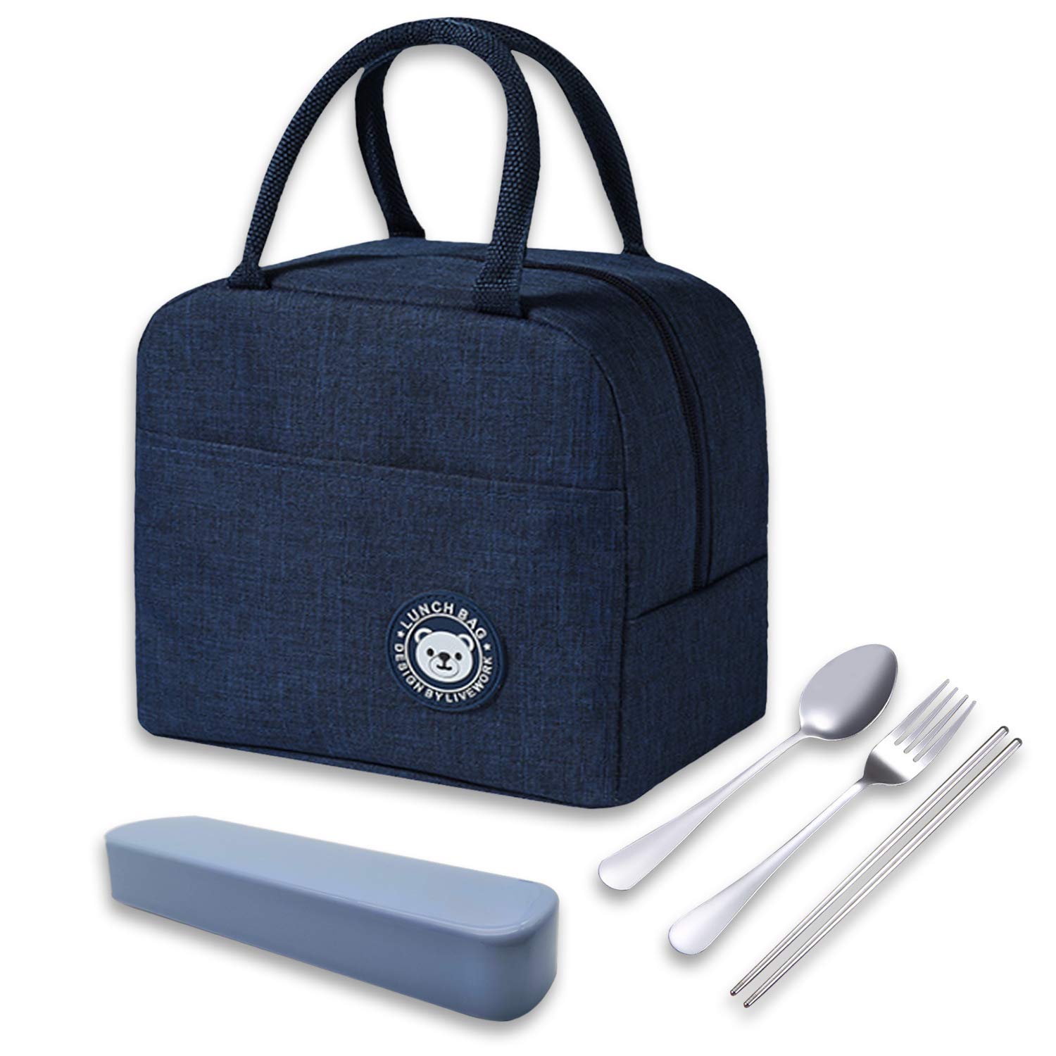 Lunch Bag,Tote Insulated Bag with Water-resistant Soft Liner for women/Picnic/Boating/Beach/Fishing/Work/School/Office,Reusable Cooler Bag with Stainless Steel Tableware(Chopsticks, Spoons, Forks)
