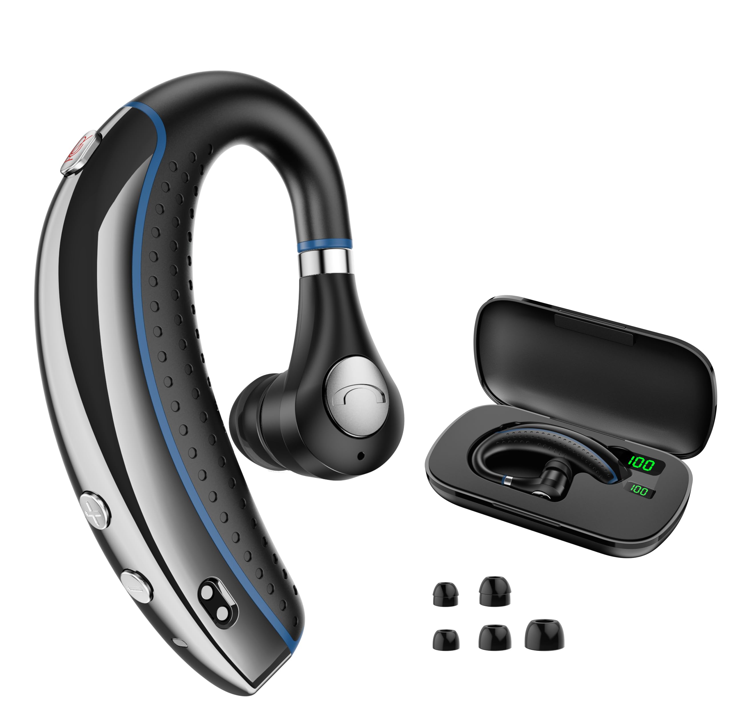 DECHOYECHO Bluetooth Headset, Bluetooth Earpiece with Noise Canceling Microphone, 0.53oz Ultralight V5.3 Wireless Headset with Charging Case Mute Button 56H Playtime Multipoint (Black)