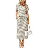 Glamaker Womens Skirt Sets 2 Piece Outfits 2025 Summer Casual Striped Short Sleeve Skirt And Top Set Travel Clothes