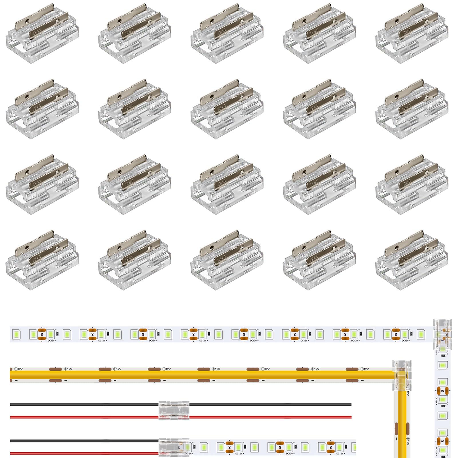 Aroidful 20PCS 8-in-1 2 Pin 10mm LED Strip Light Connectors, COB Light Connector Gapless Solderless Connection for 0-36V COB/SMD 2835/3528 Single Color LED Strip and 20-22AWG Wire [Energy Class A]
