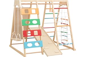 MulinsonFly 9-in-1 Toddler Indoor Jungle Gym & Playground Set, Wooden Climbing Toy with Slide, Swing, Climbing Net, Rings – Montessori-Inspired Kids Playset for Indoor Fun & Development, Ages 3-8