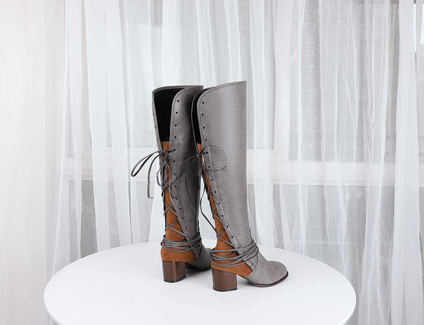 VANDIMI Wide Calf Knee High Boots for Women Winter Fashion Low Block Heel Shoes Over The Knee Booties Zipper Side