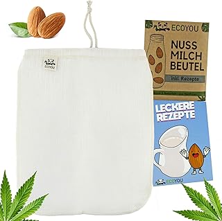 EcoYou® Nussmilchbeutel Bio waschbar aus Hanf Veganer Nussmilch Beutel inkl. leckeren Rezepten Hochwertiges Passiertuch 30 cm nut Milk Bag, Mandelmilch Tuch, Filter-Beutel, Filtertuch Saft
