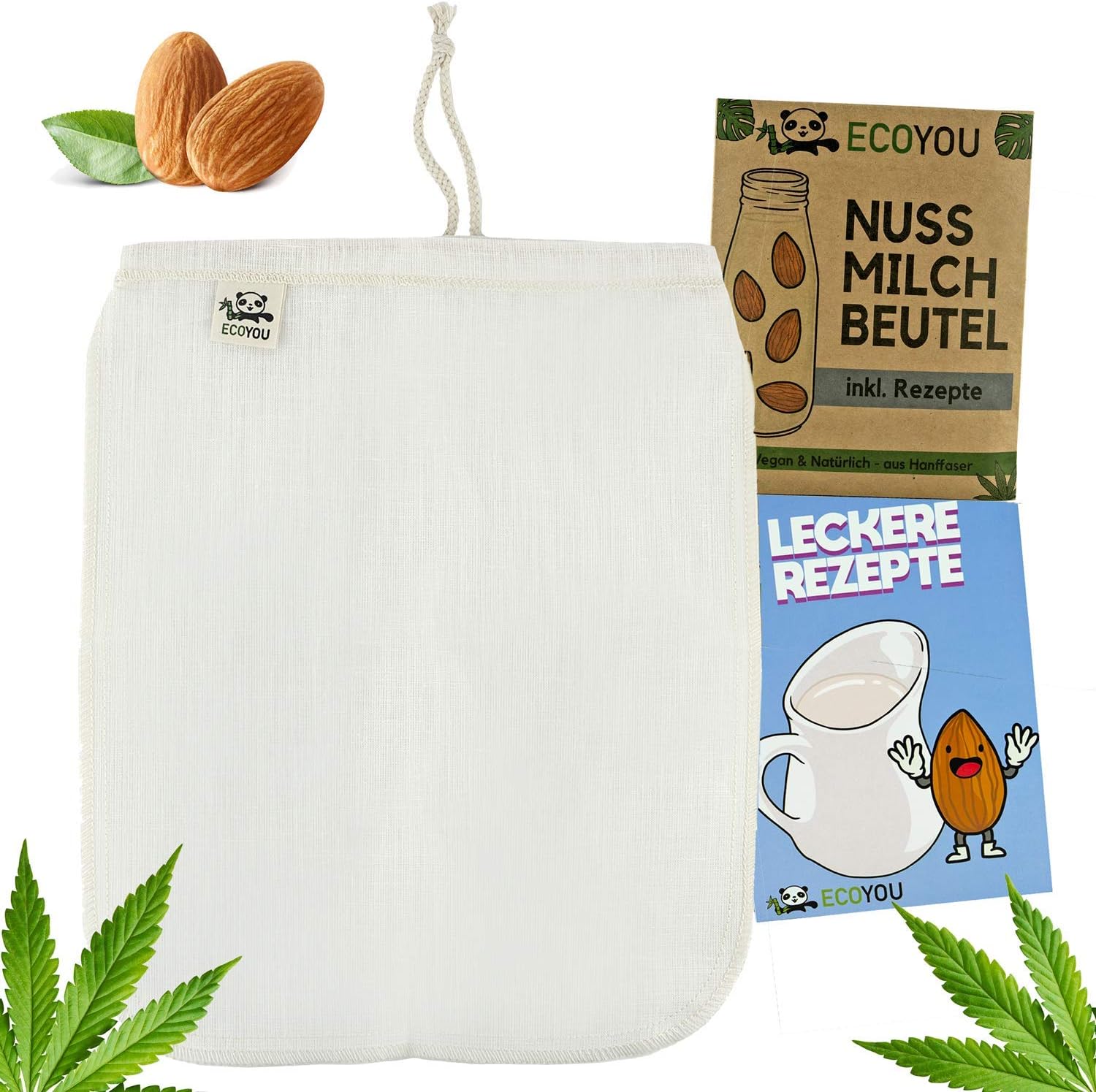EcoYou® Nussmilchbeutel Bio waschbar aus Hanf Veganer Nussmilch Beutel inkl. leckeren Rezepten Hochwertiges Passiertuch 30 cm nut Milk Bag, Mandelmilch Tuch, Filter-Beutel, Filtertuch Saft