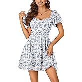 Rooscier Women's Tie Back Square Neck Wrap Ruffle Short Sleeve Flare Mini Dress