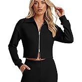 VEQKING Cropped Workout Jackets for Women Double Zip Up Womens Sweatshirt Ribbed Long Sleeve Running Top