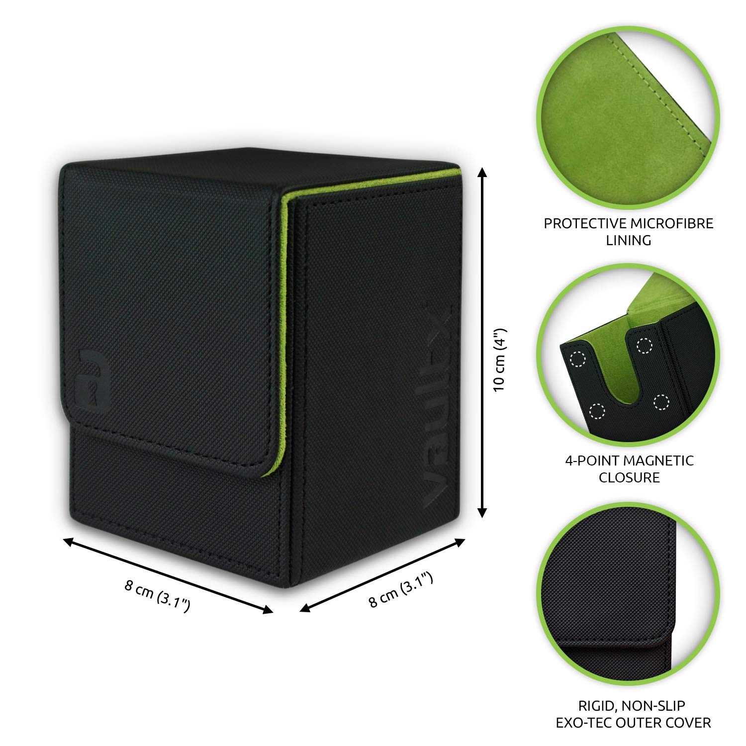 Vault X Trading Card Toploading Deck Box, 80+ sleeved cards, Premium Exo-Tec Material, Card Holder Storage Box, Detachable Magnetic Lid, for MTG Commander, TCG (Black/Electric Green)