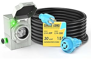 CircleCord 4 Prong 15 Feet 30 Amp Generator Extension Cord and Inlet Box with Locking Connector, Heavy Duty NEMA L14-30P/L14-30R, 125/250V 7500W 10 Gauge SJTW Generator to House Power Cord