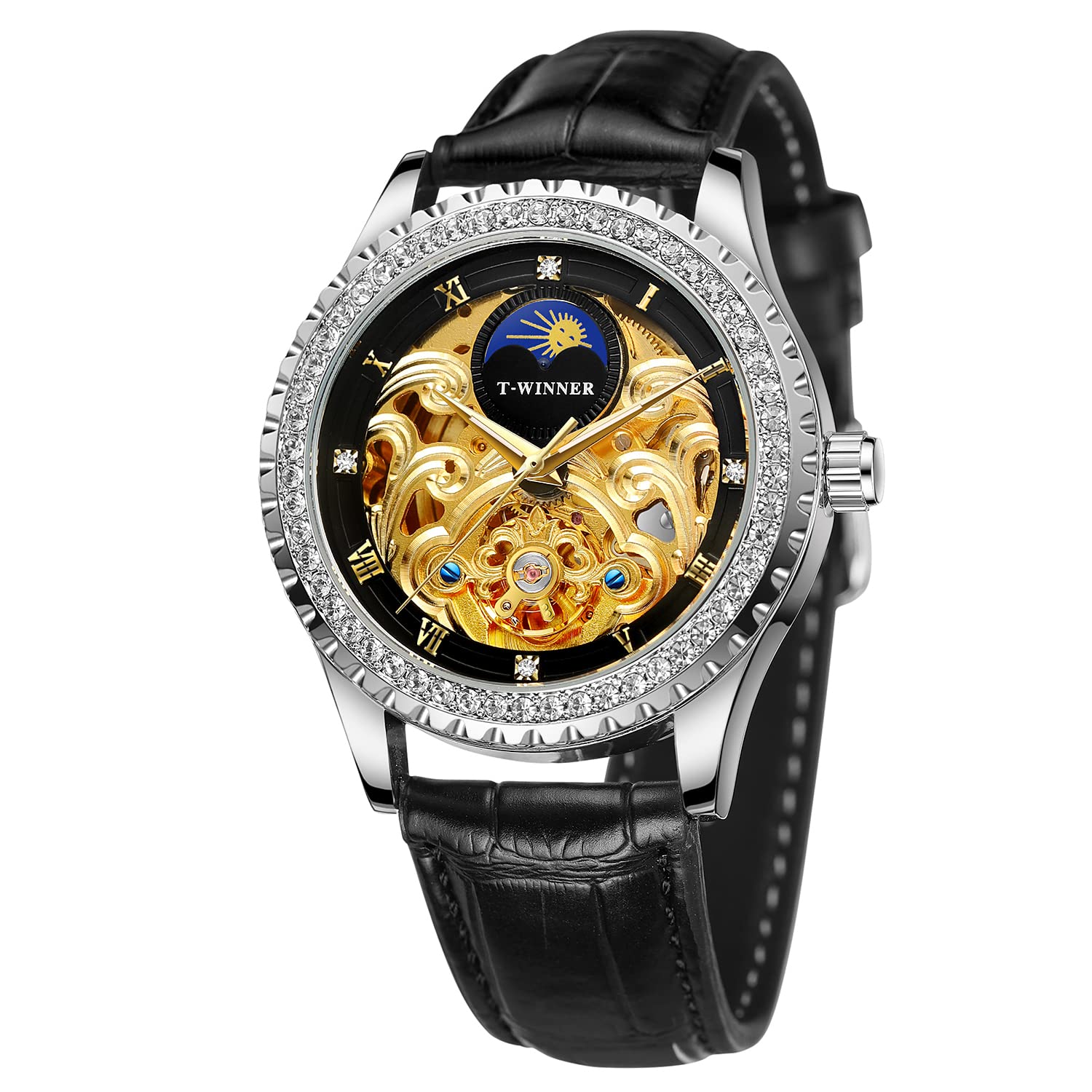 FORSINING Men's Waterproof Automatic Self Winding Moon Phase Diamond Luxury Skeleton Wrist Watch