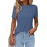 LUXVEER Women's Short Sleeve Tops Pleated Crewneck Loose Fit T Shirt Business Casual Dressy Work Shirts 2026 Summer Blouses
