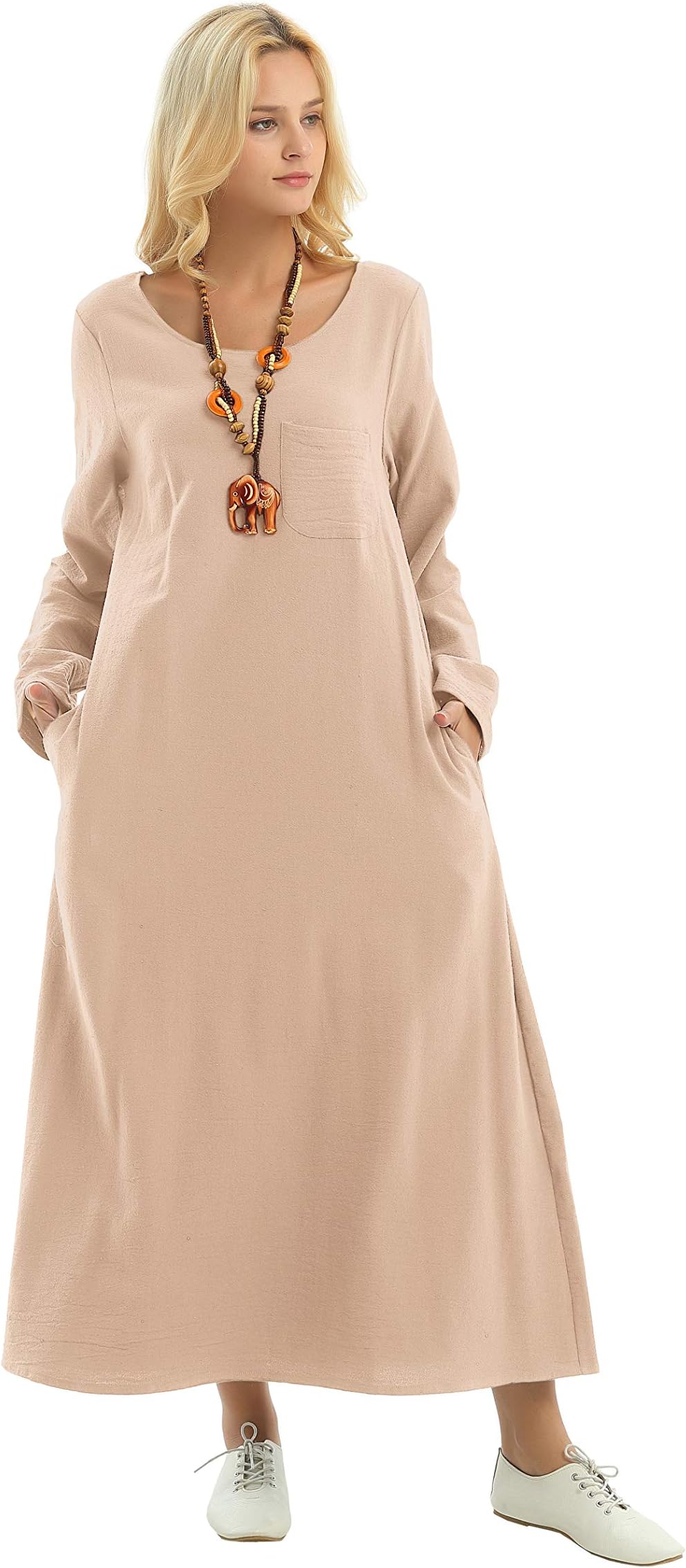 Long Sleeved Linen Cotton Spring Summer Dress Practical Pockets Plus Size Clothing F148A